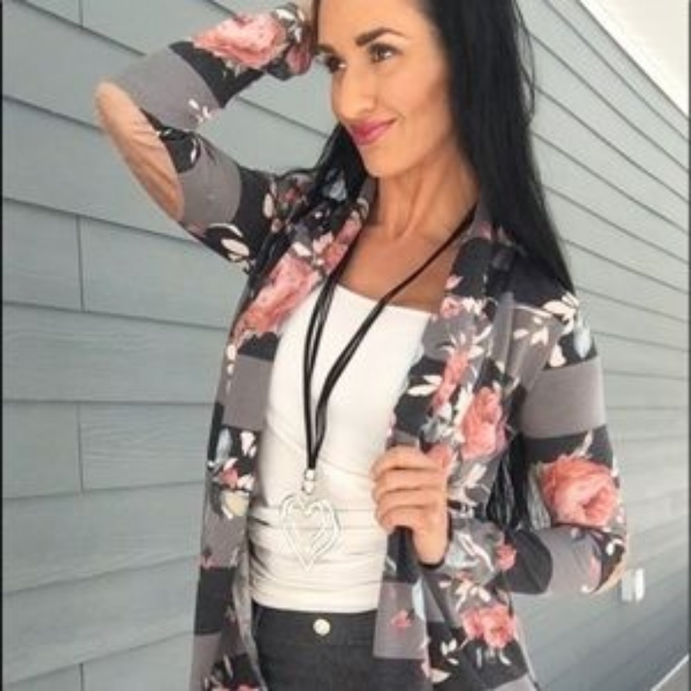 NEW cozy Floral stripe grey open cardigan - Picture 6 of 9